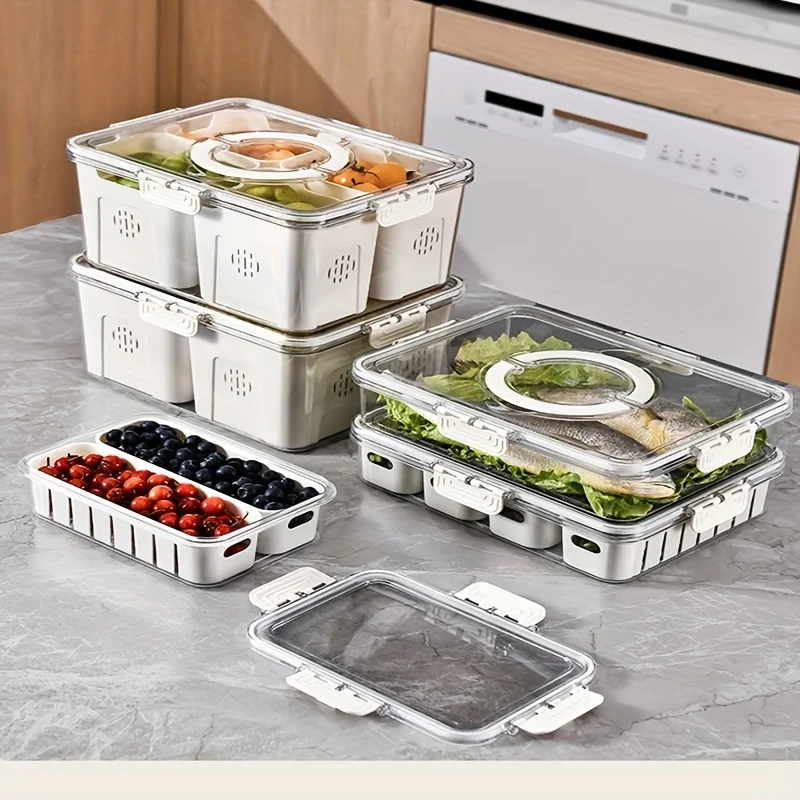 Refrigerator  Box With Lid And Drain Basket, 2/4 Compartments Transparent Drainable Stackable Produce Saver Container, Food Orga