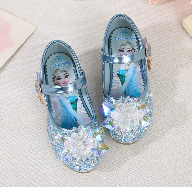 Frozen Elsa Princess Girls Leather Crystal Shoes Glitter Casual High Heels Girls Sandals Pink Blue Silver Elsa Shoes