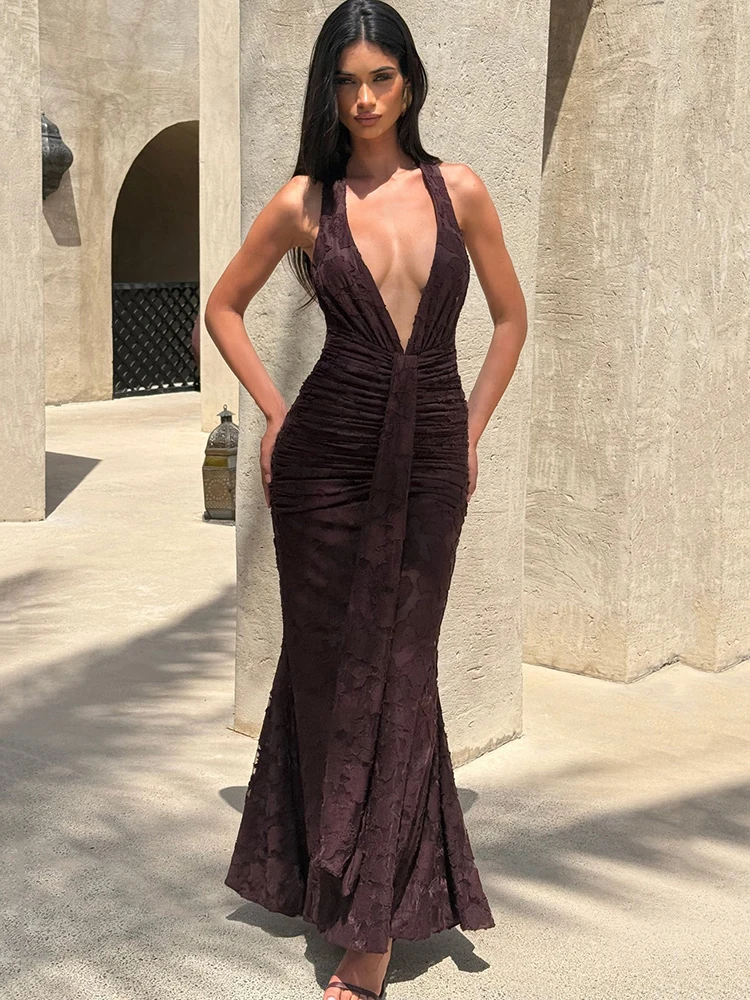 

Oniflyme Halter Sleeveless Elegant Maxi Dress Women Sexy Solid V Neck Backless Draped Ruched Party Robes Female Bodycon Dresses