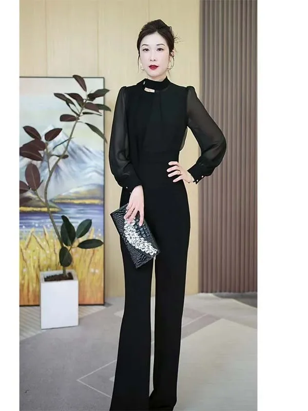 

Ele Bla Straight Leg Pants Long Sve Jumpsuit Commute Faion High Waist Trousers Polyester Fiber 2026 Spring New Arr...