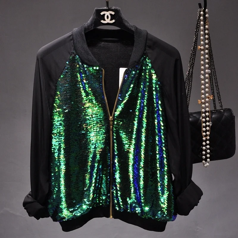 

Spring/Summer New Sequined Baseball Uniform with Glitter Stitching Chiffon Thin Small Jacket Sunscreen Shirt Women's Top