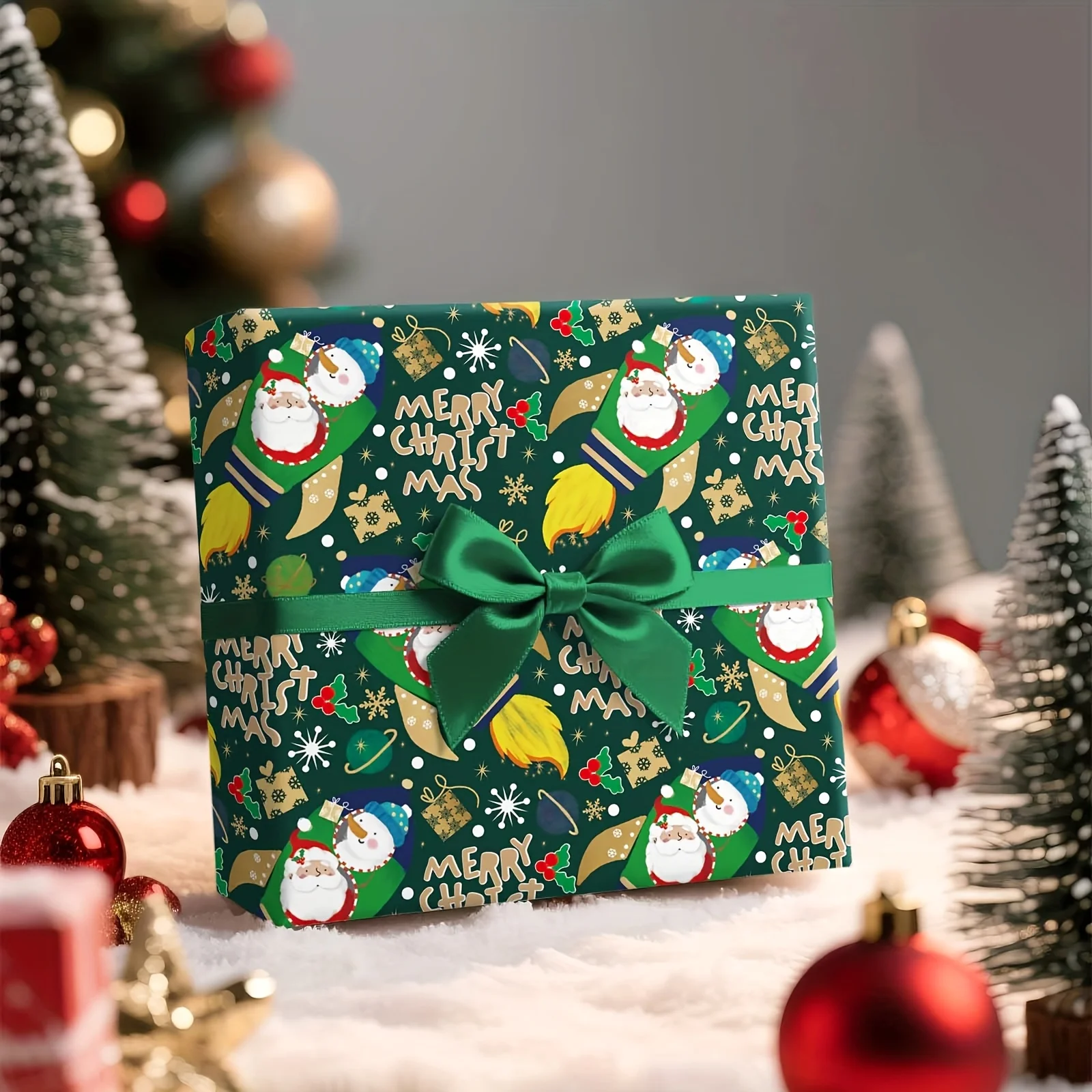 1 Roll of Space-Themed Christmas Wrapping Paper |   Dark Green Background with Santa Claus, Snowman, and Rocket Designs, Suitable for Christmas Parties, Space-Themed Holiday Gifts, Christmas Gift Wrapping, and Holiday Gifts for Science Fiction Enthusiasts - 43.2cm × 500cm (17inch × 16.4 Feet)