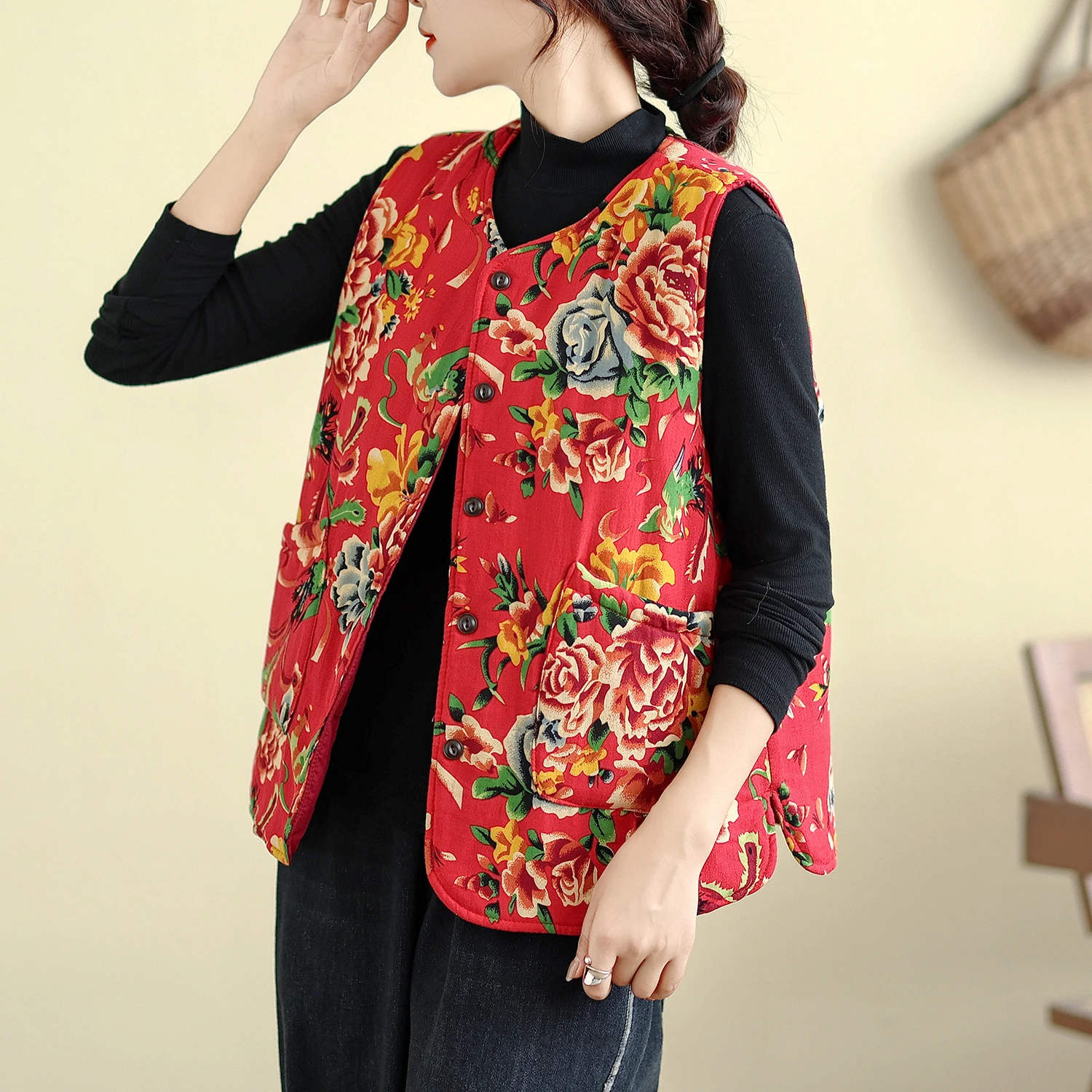 

Warm Floral Print Cotton Linen Vest Versatile Autumn Winter New Style Retro Artistic Matching All Seasons High End Anti Aging