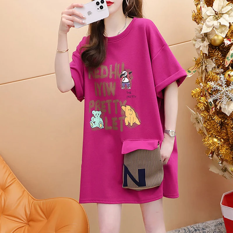 Women's Funny Letter Cartoon Print Tees Oversized Streetwear Long T-shirts 2023 Summer Korean Fashion Y2K Short Sleeve Tops Ropa