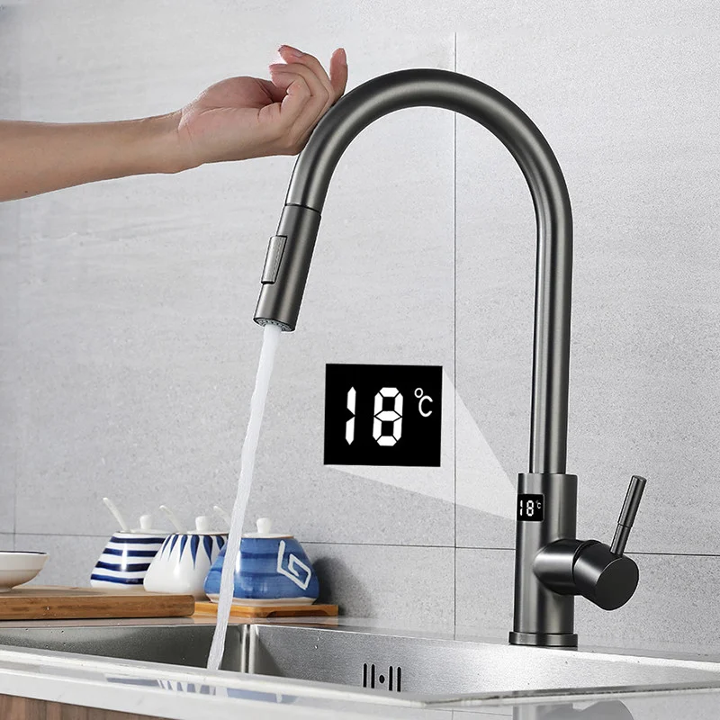 

Grey Digital Touch Kitchen Faucets with Pull Down Sprayer Hot Cold Pull Out Kitchen Sink Mixer Tap Sensor Digital Kitchen Faucet