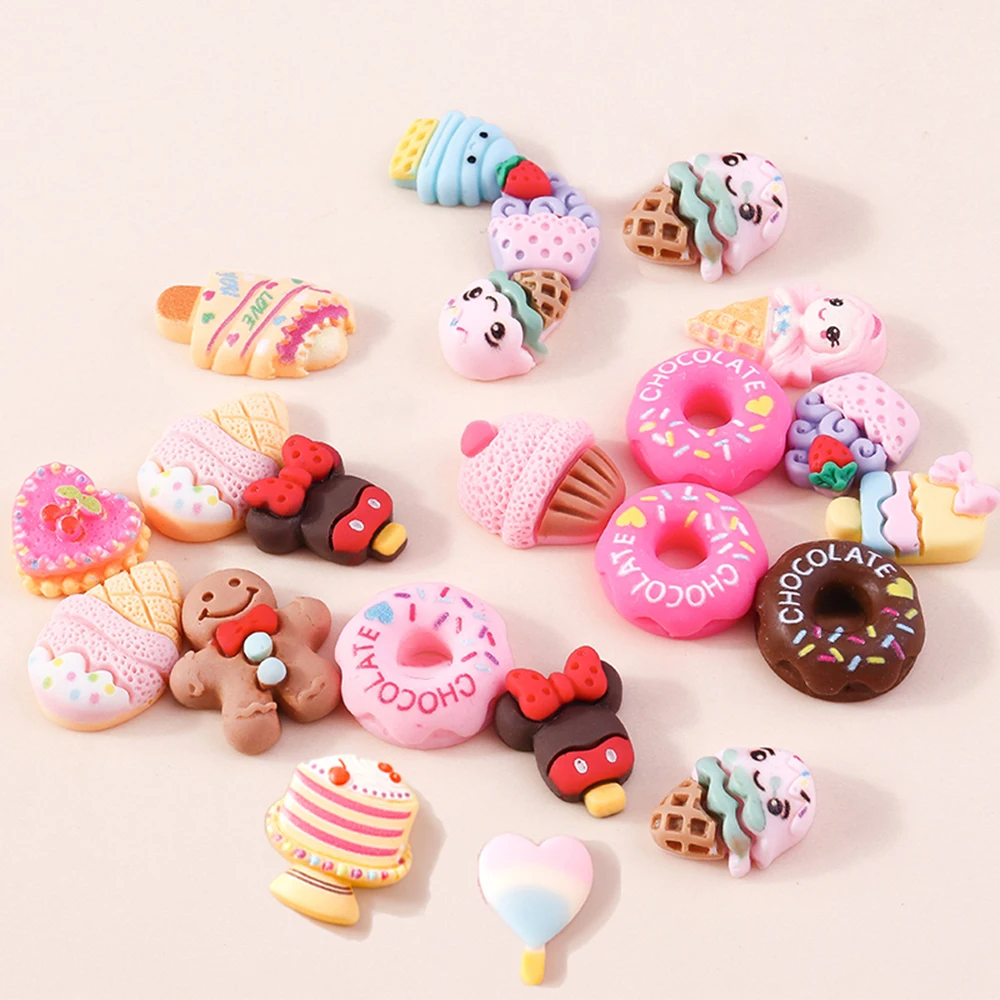 10pcs Mix Mini Cute Sweet Food Dessert Donut Cake Flat Back Resin Cabochon Embellishments DIY Scrapbooking For Girls Hair Bows