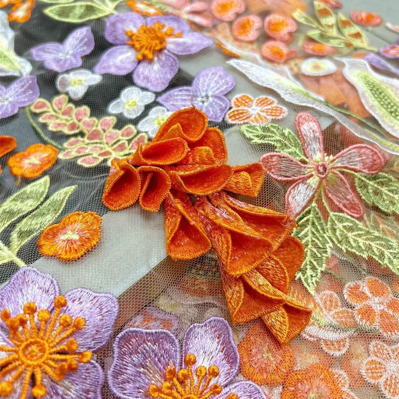 High-density yellow wind chime hand nail flower 3D colorful embroidery high-end wedding evening dress embroidered fabric
