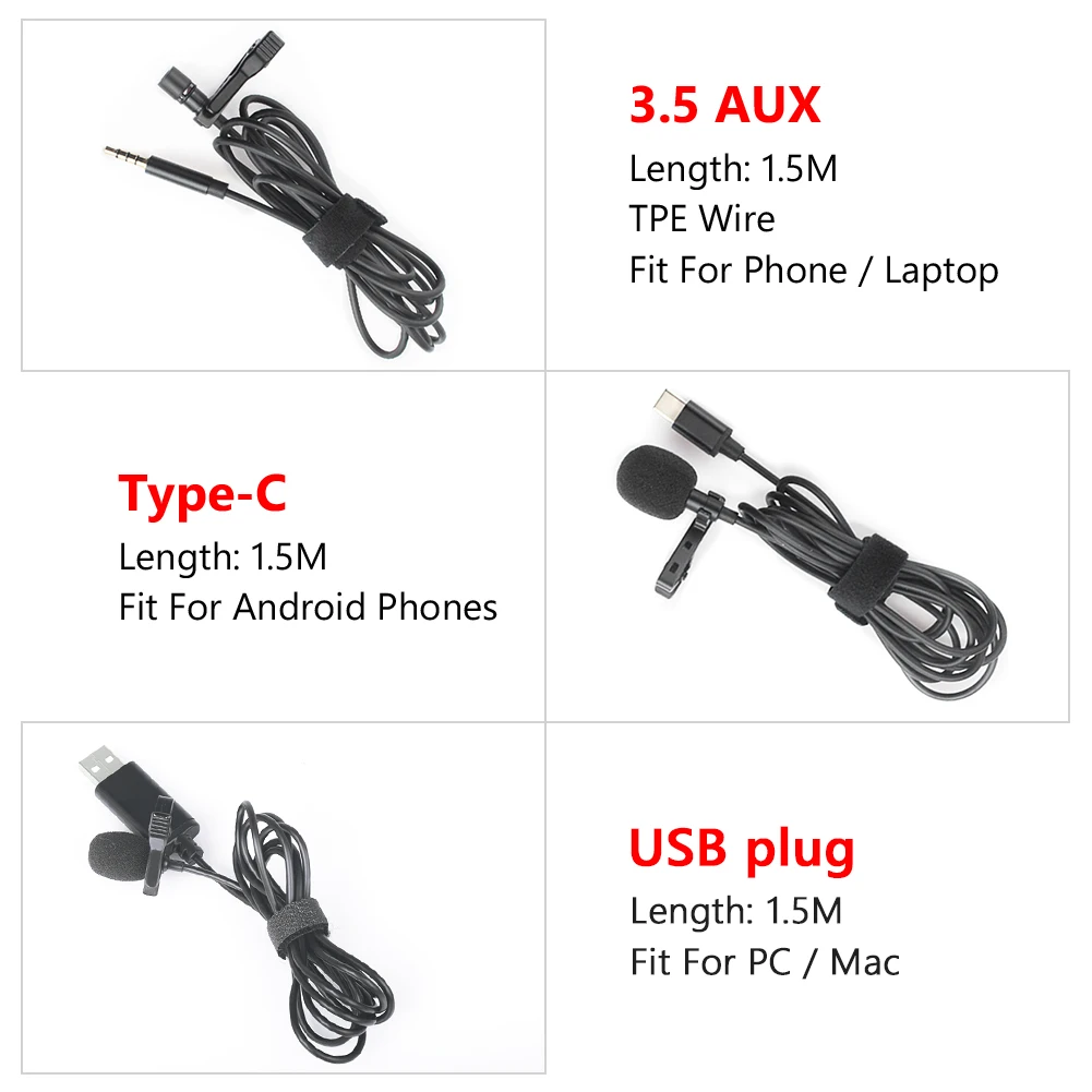 Portable 1.5m Mini Microphone Condenser Clip-on Type C 3.5mm Microfone Wired USB Lavalier Professional Micro Mic For DSLR Camera