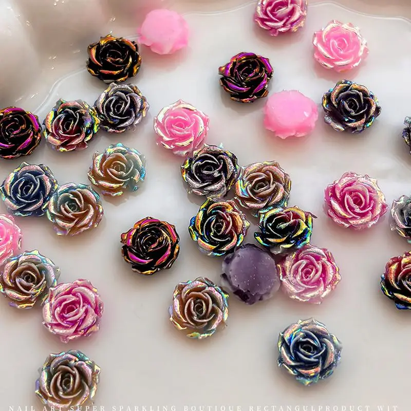 20Pcs 10mm Aurora Gradient Resin Rose Flowers For Jewelry Making 3D Nail Accessories Handmade DIY Nail Art