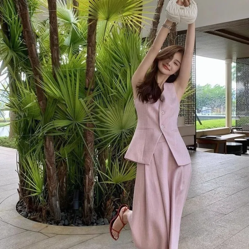 

New Elegant Summer Women's Suit Office Lady Fashion Sleeveless Slim Vest Top + High Waist Pleated Long Skirt 2 Piece Set Outfit