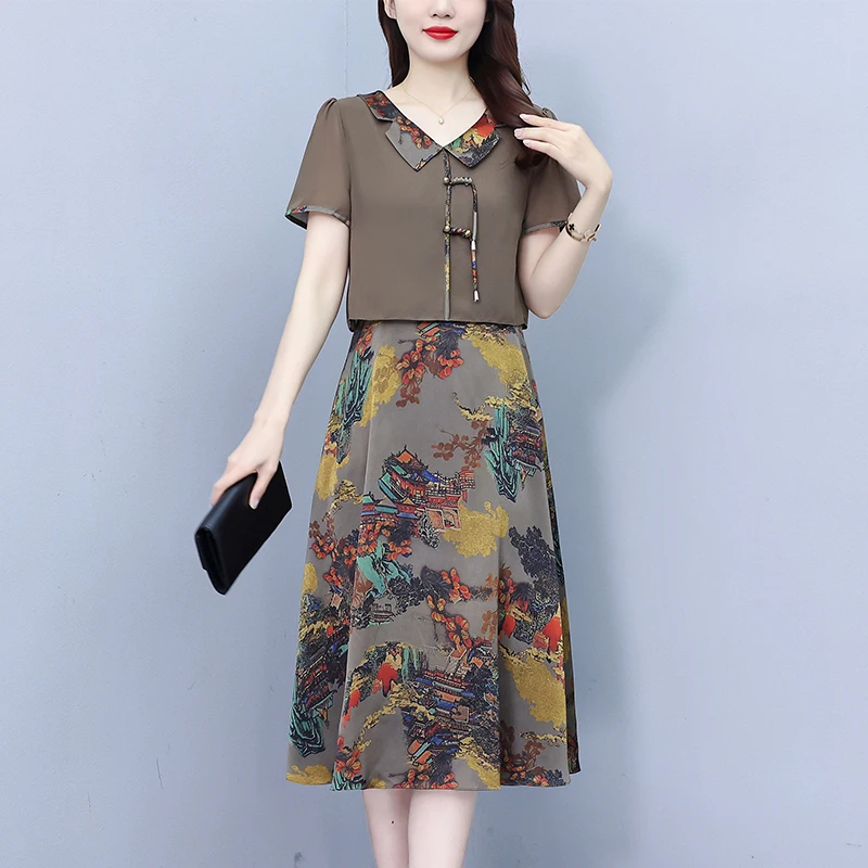 Chiffon Dresses For Women Summer Female O Neck Short Sleeve Large Size Mid-length ​Fake Two Piece Chinese-style Printing Vestido