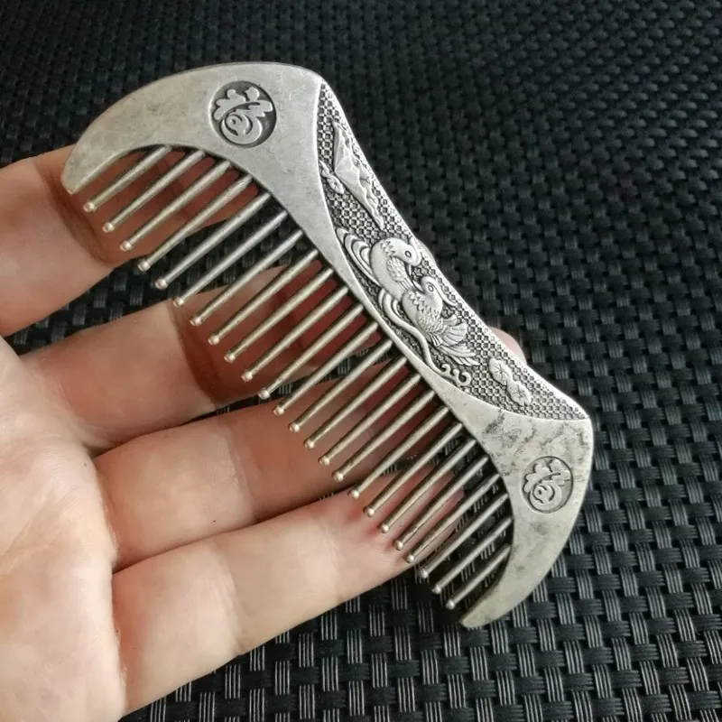 Antique White Copper -Plated With Character Fu And A Pair Of Mandarin Ducks, Old Silver , Makeup Comb, Holi