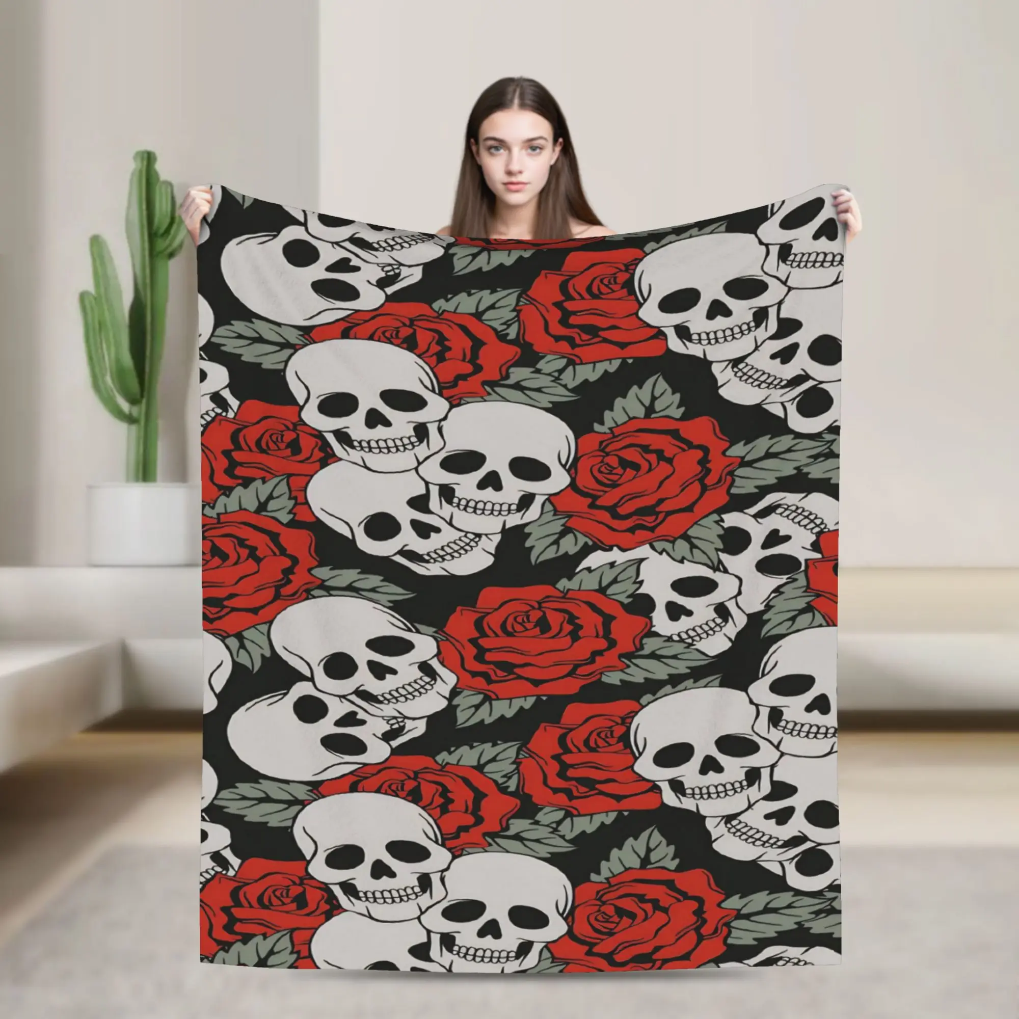 Halloween Skulls And Flowers Gothic Goth Blankets Super Soft Flannel Novelty Present  Throw Blankets Bedspread