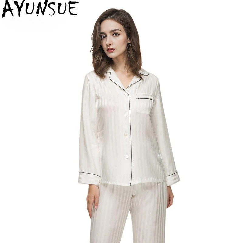 

AYUNSUE 16 мм 100% шелковая одежда для сна, женская одежда, повседневные брюки, топ с длинными рукавами, комплект из двух предметов, весенние пижамные комплекты Пижама