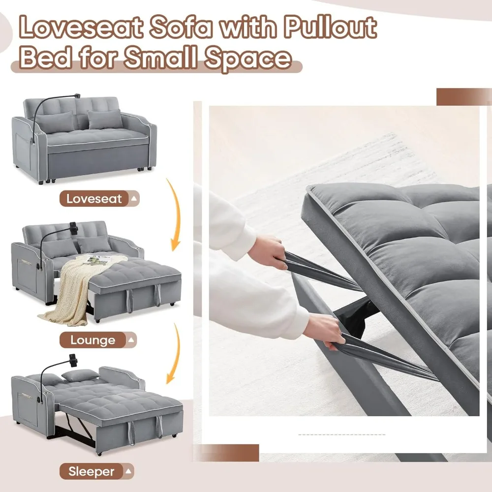 Sleeper Sofa Couch Bed with USB & Type C Port, Modern 3-in-1 Convertible Velvet Pull Out Loveseat Futon Sofa w/Phone Holder/Cup
