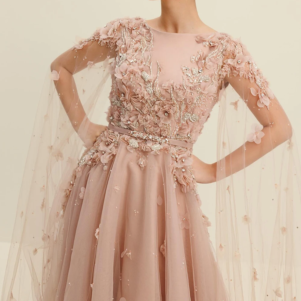 Customized Exquisite Watteau Train Pleats Belt Flowers Crystal Evening Dress Graceful Crew Neck A-Line Organza Pink Party Gown