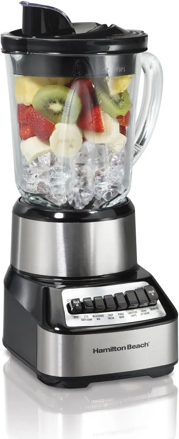 Shake and Smoothie Blender with 40 Oz Glass Jar, 14 Functions, 700 Watts, Ice-Crushing Blades, Black and Stainless Steel, for Consistently Smooth Results