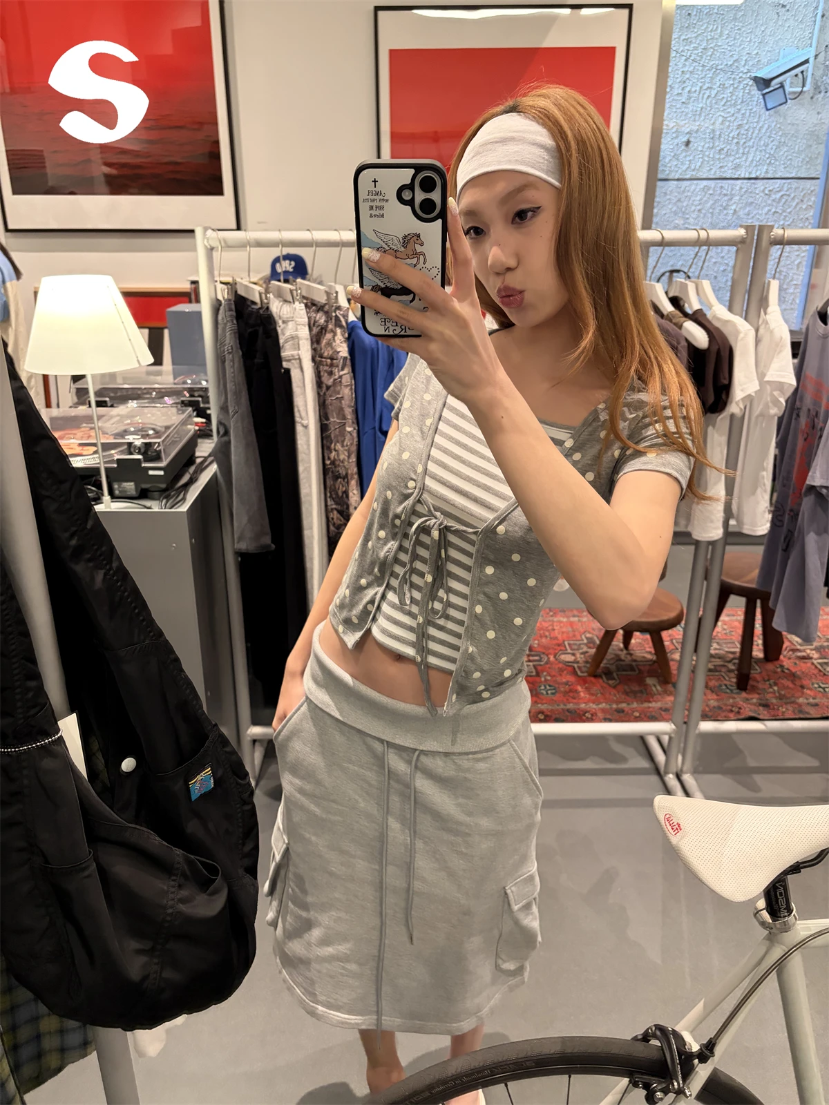Sleep at 11 Korean Style V-Neck Short Sleeve T-Shirt Checkered Polka Dot Patchwork Fake Two-Piece Grey Summer Top for Women