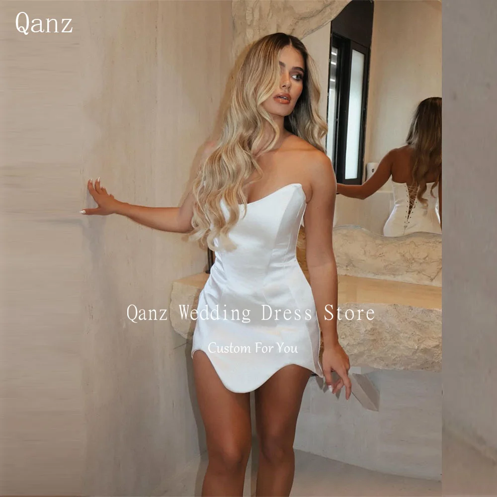 Qanz White Vintage Soft Satin Wedding Dress Mini Sleeveless Vestido De Novia Boda Sexy Short Backless Robe De Mariée Customized