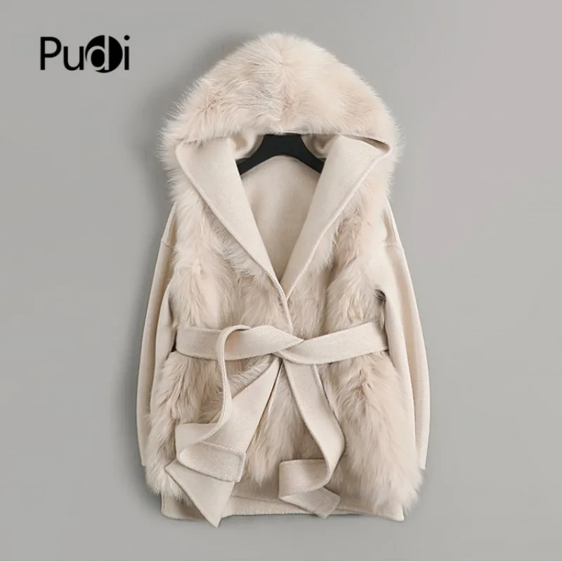 

Women Real Wool Fur Coat Jacket Lady Female Natural Fox Fur Lining With Hood Winter Long Double Face Coats Parka Trench Z19168