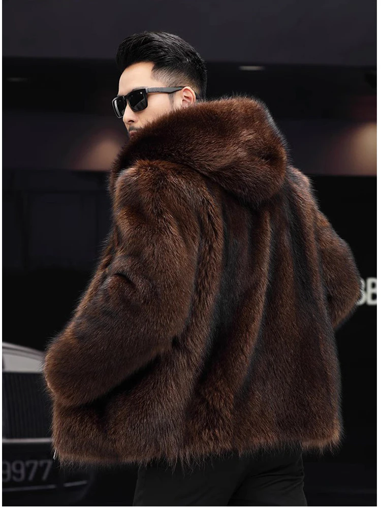 Coffee Fluffy Fur Coat 2024 Luxury Winter Warm Faux Fur Coat Men Zipper Hooded Thicken Fur Jacket Furry Outerwear Large Size