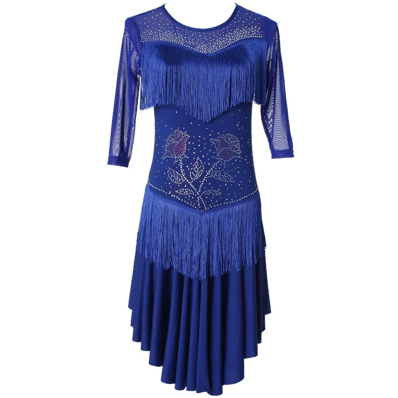 ชุดเต้นลาตินผ้าไหมนมสีชมพูประดับคริสตัลสำหรับการแสดงกลุ่ม