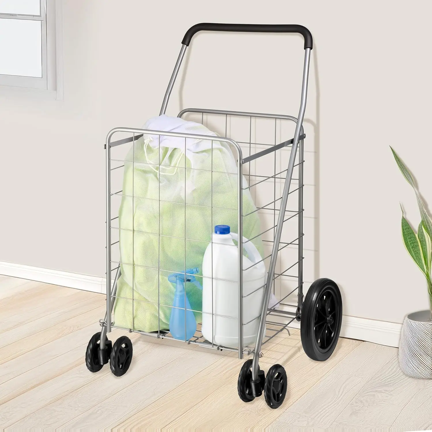 Utility Cart, Foldable Grocery Shopping Cart with 360-Degree Wheels, X-Large, Silver & Black