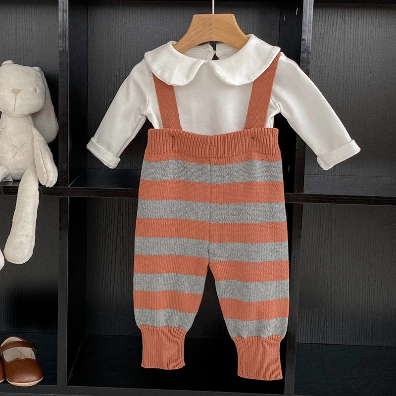 Infant Baby Girls Long Sleeve Solid Color T-shirt+Stripe Knit Jumpsuit Autumn Newborn Kids Baby Girls Clothes Rompers