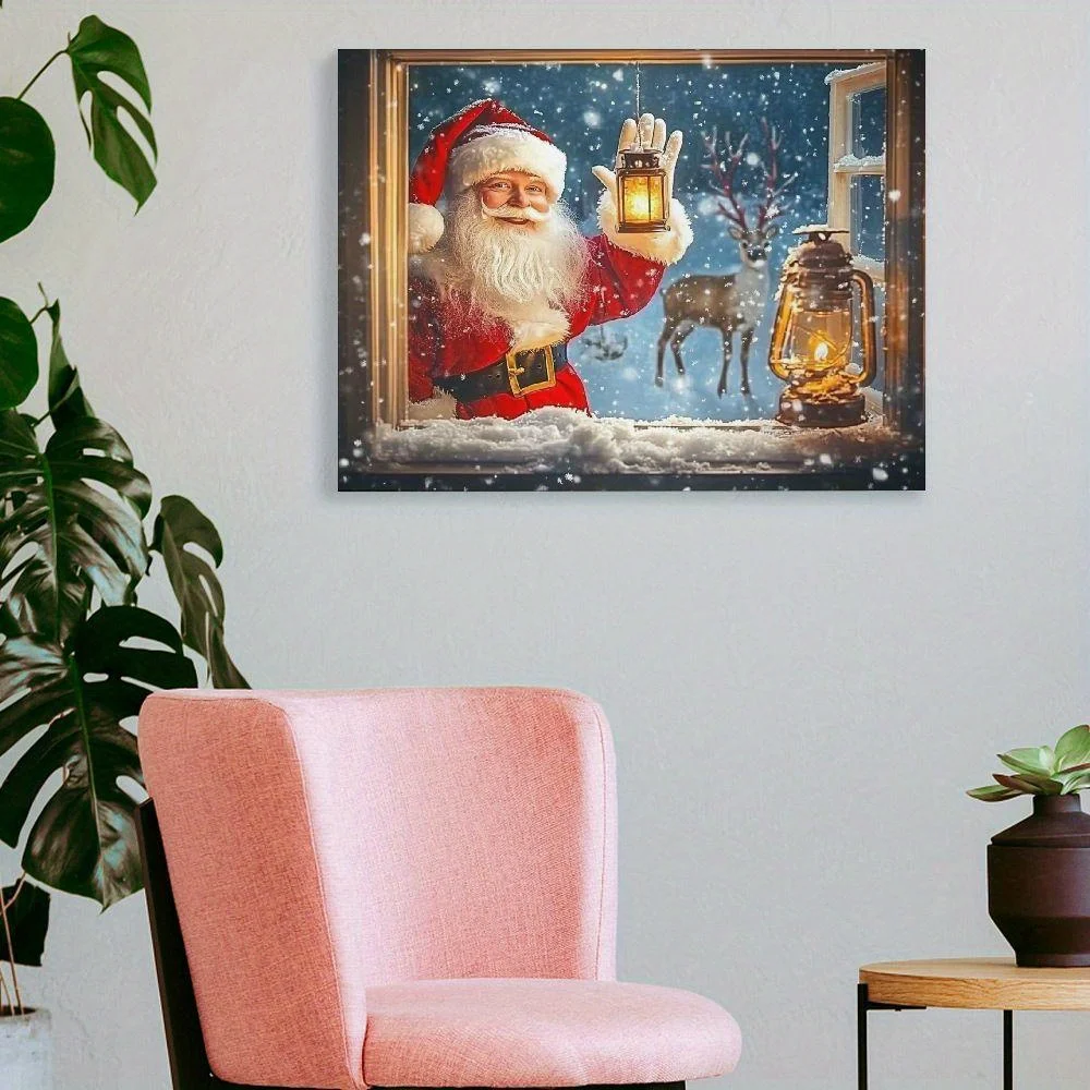 Rustiek kerstcanvas schilderij Kerstman en winterdieren Raamscène Charmante boerderijdecoratie ingelijst