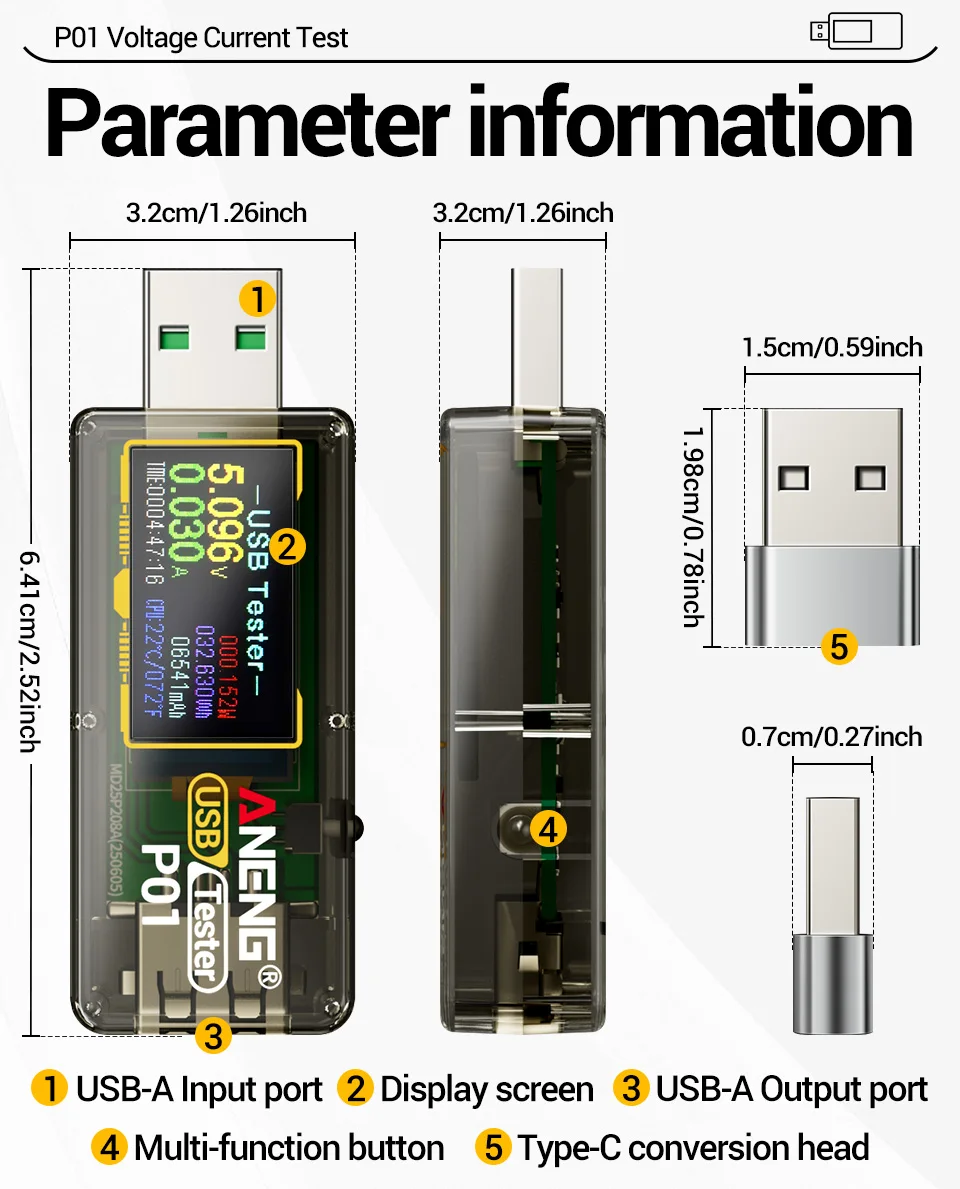 ANENG P01 USB-Tester, Voltmeter, Amperemeter, Typ-C-Schnellladungsdetektor, Kapazitäts- und Rippelmessgerät – Detail 18