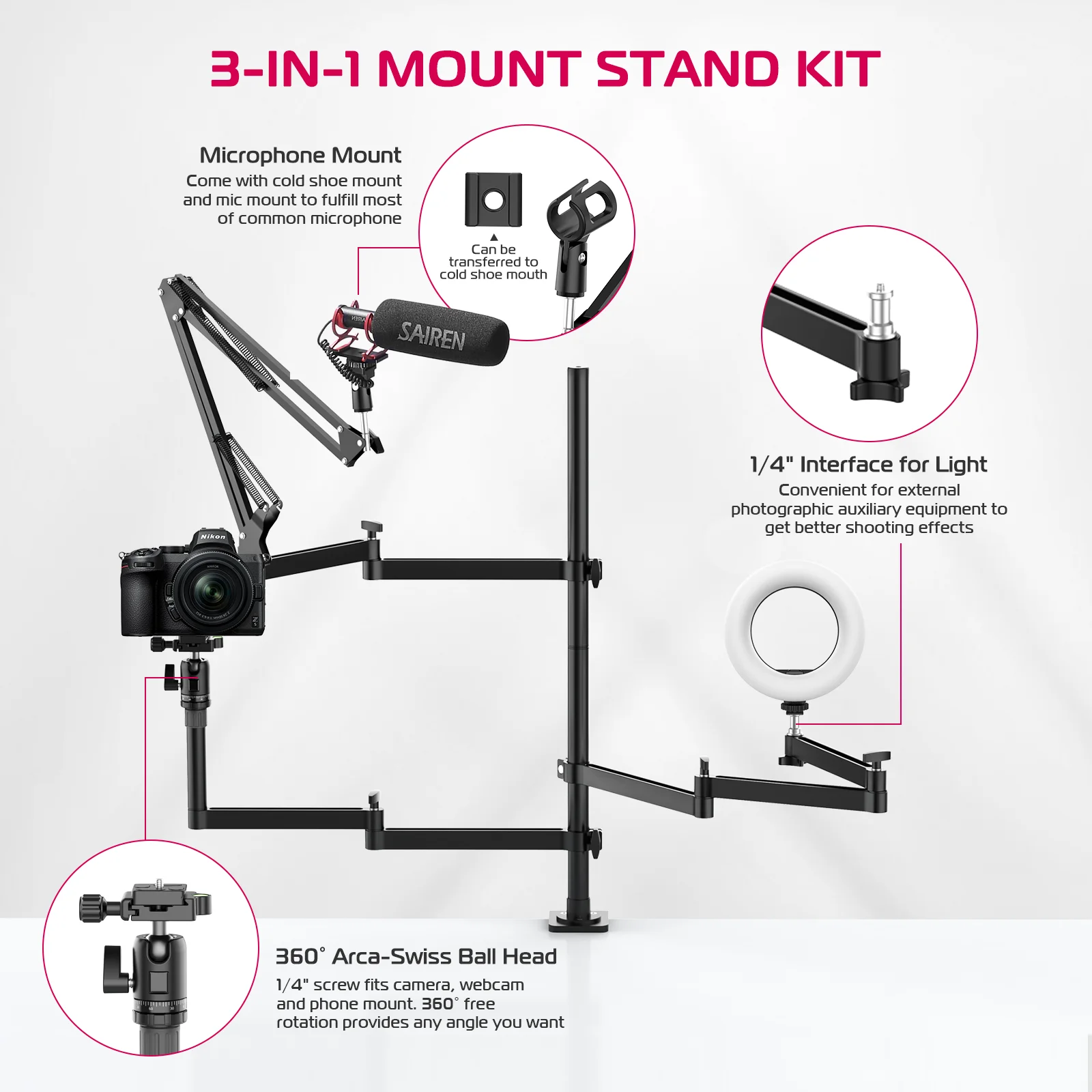 ULANZI Multifunction Live Broadcast Boom Arm Stand Microphone Arm Stand Flexible Desk Mount Camera Clamp Webcam Bracket