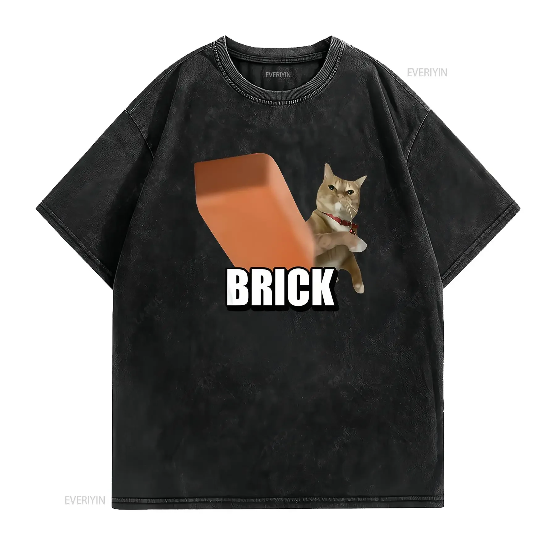 Men'S Funny Cat Throwing Brick Meme T Shirt Maneki Neko Design with Text Casual Humor for Lovers Regular Fit Round Neck