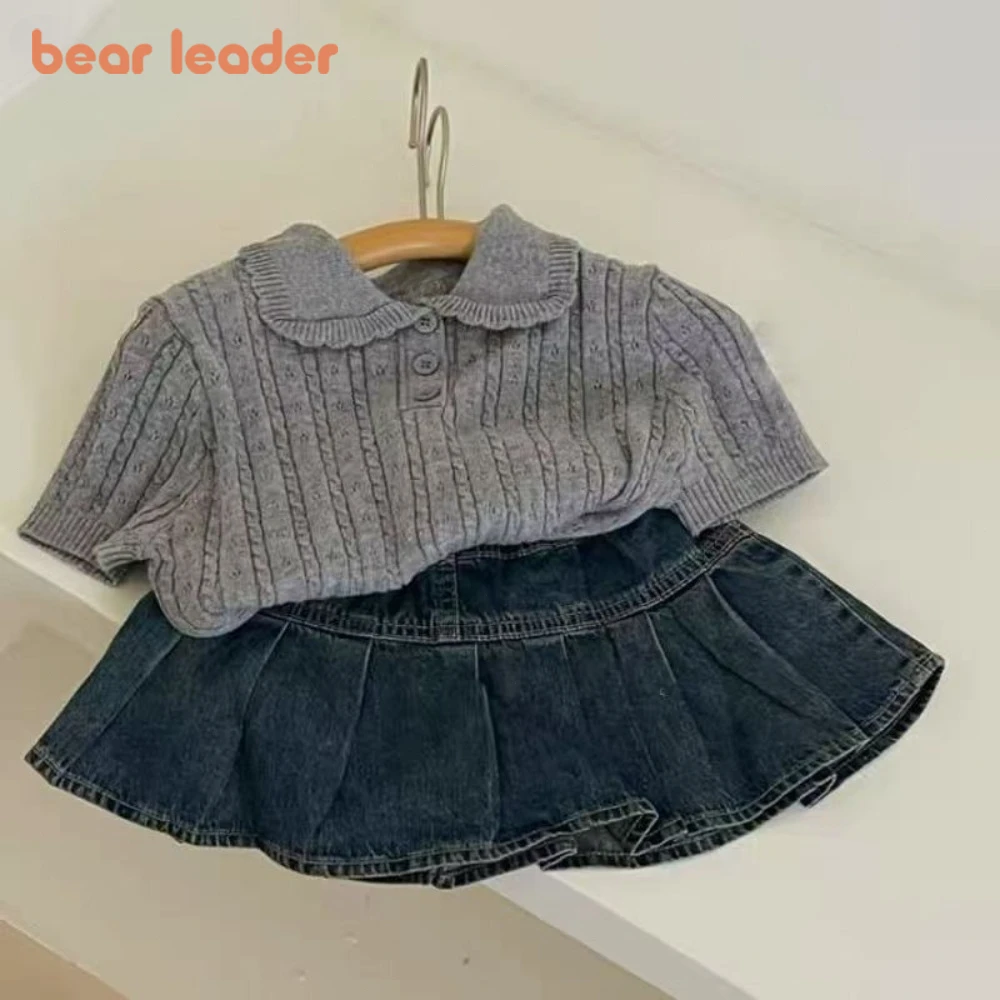 

Bear Leader Korean Fashion Solid Color Children's Set Summer New Girls' Clothing Gray Bow Short Sleeved Lapel Top + Denim Skirt