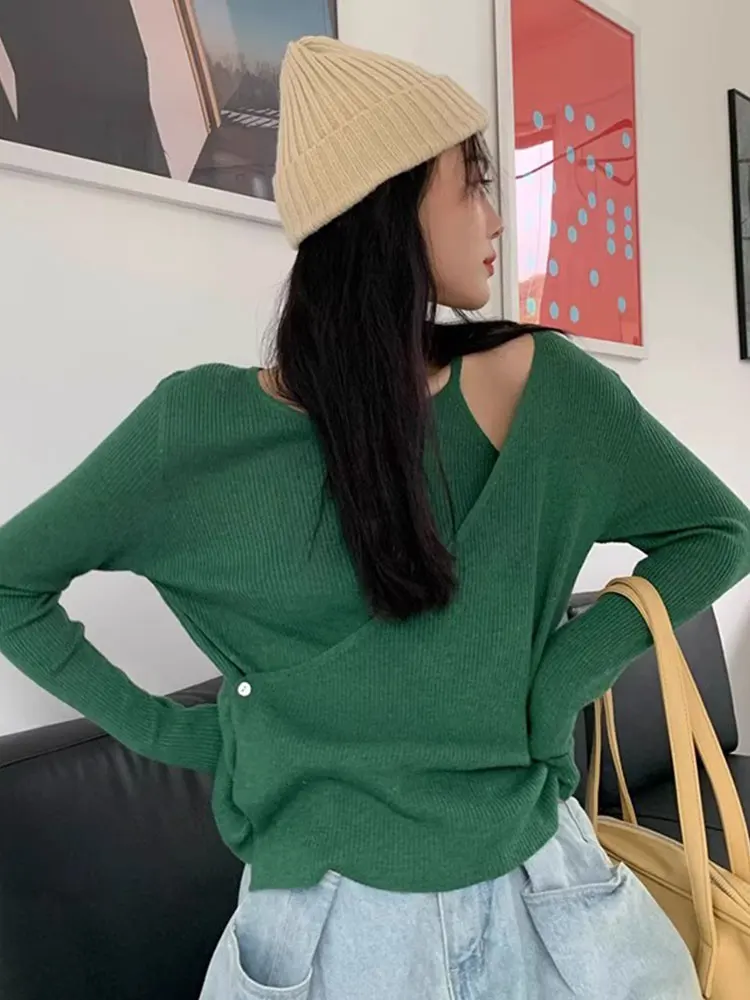Ankela Red Asymmetrical Shoulder Bared Knitted Base Layer Women's Autumn Sweater High-End Feel Top Korean Style Commute Fashion