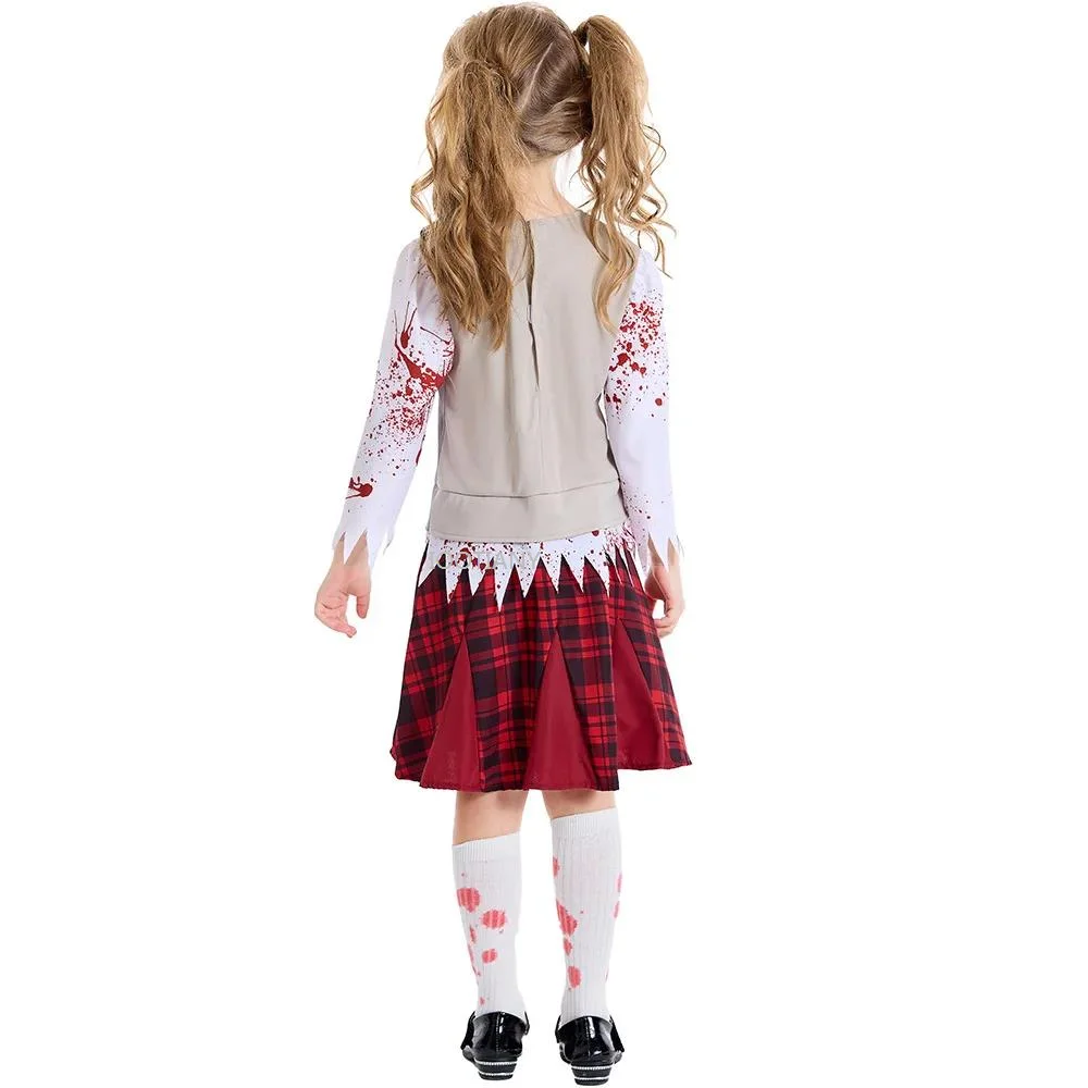 New Bloodstained Butcher Role Play Dress Kid Red Checkered Student Zombie Cosplay Costume Halloween Carnival Outfits Fancy Dress