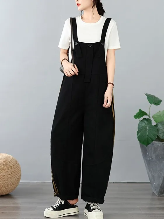 Color Block Wide Leg Denim Overalls Women's plus Size Casual Pants Tummy Covering Slimming Harlan Trousers Cotton Blend