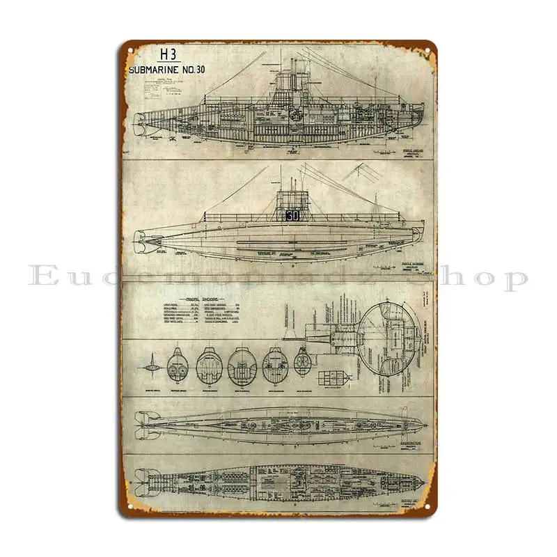 Submarine Blueprint 1911 Metal Sign Printing Custom Cinema Wall Decor Garage Tin Sign Poster