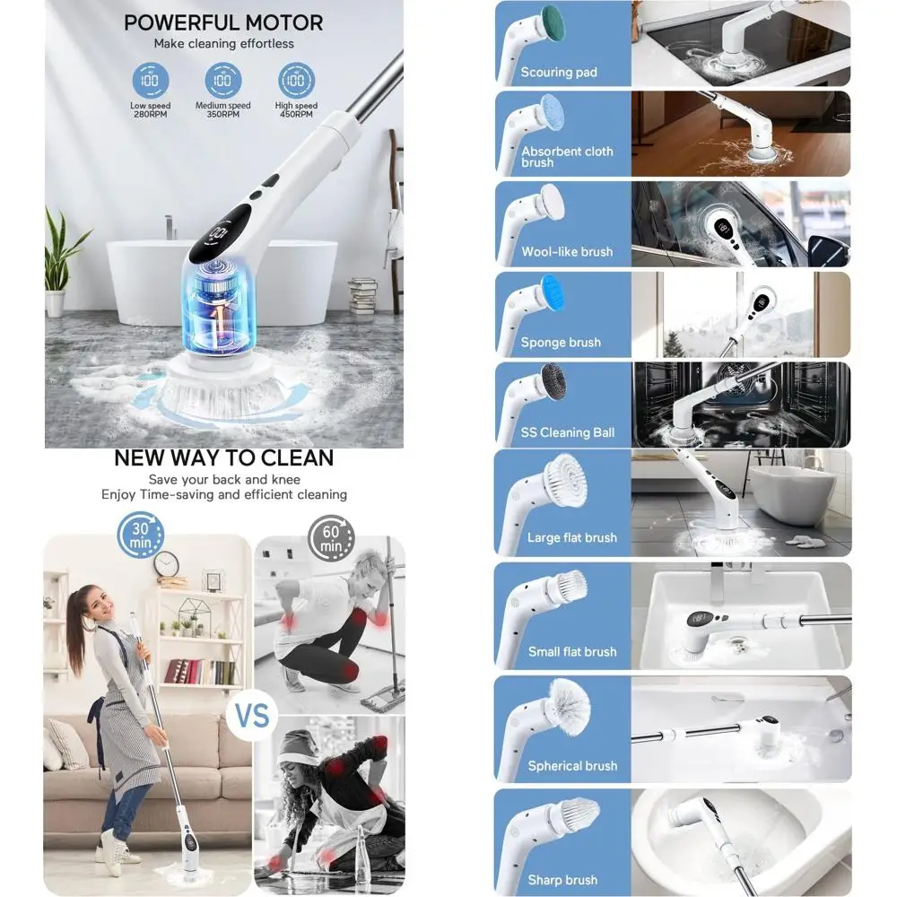 

Cordless Spin Scrubber with 9 Brush Heads, Adjustable Speeds, and Extendable Handle for Tile Cleaning