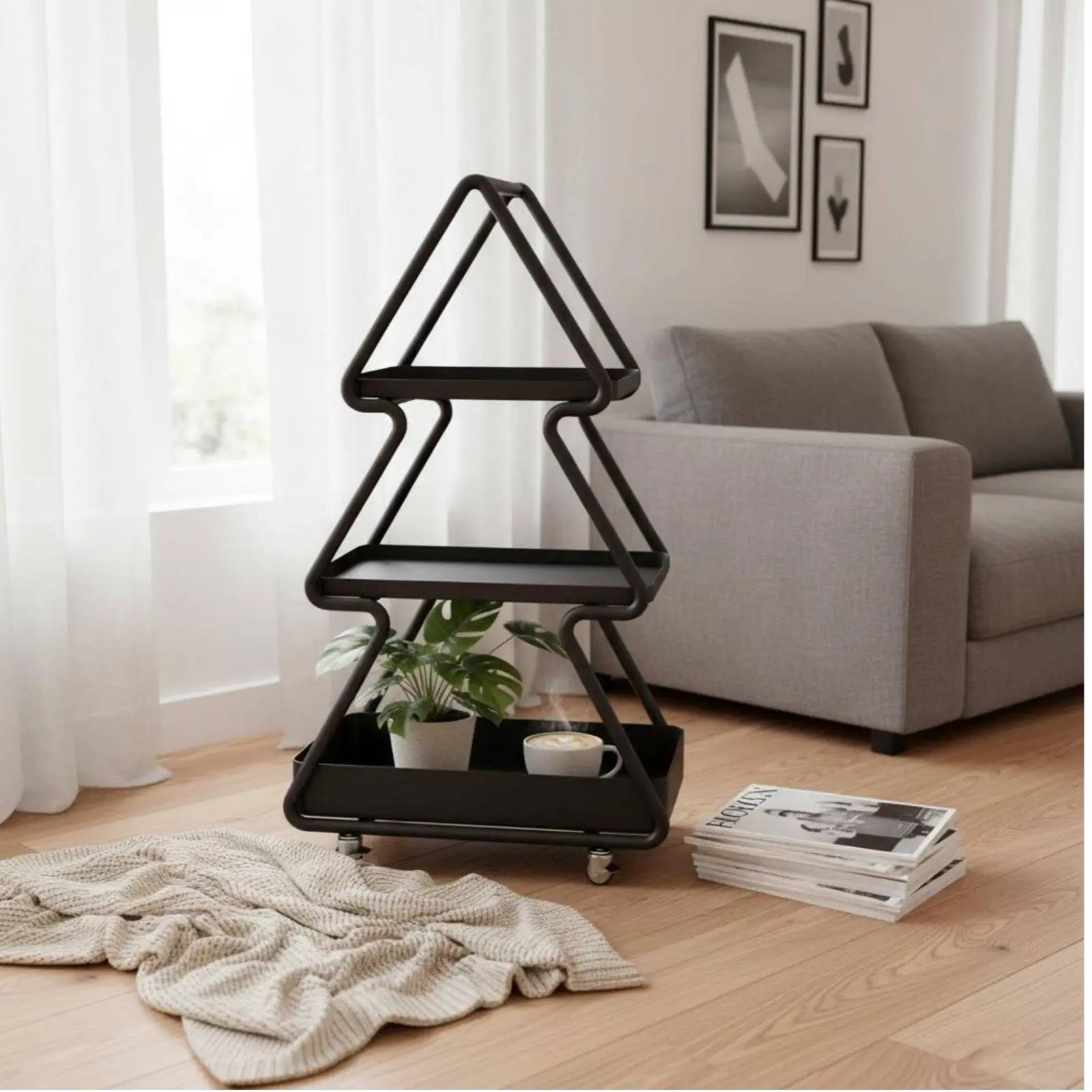 Mobile Coffee Station Art Decorative Rolling Shelf Multi Tier Storage Cart for Sofa Cabinet Marble Top Side Rack
