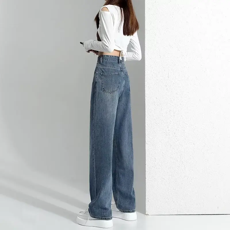 

Vintage blue denim straight-leg pants for women,2025 style, loose and slim-fitting, versatile and wide-leg,floor-length trousers