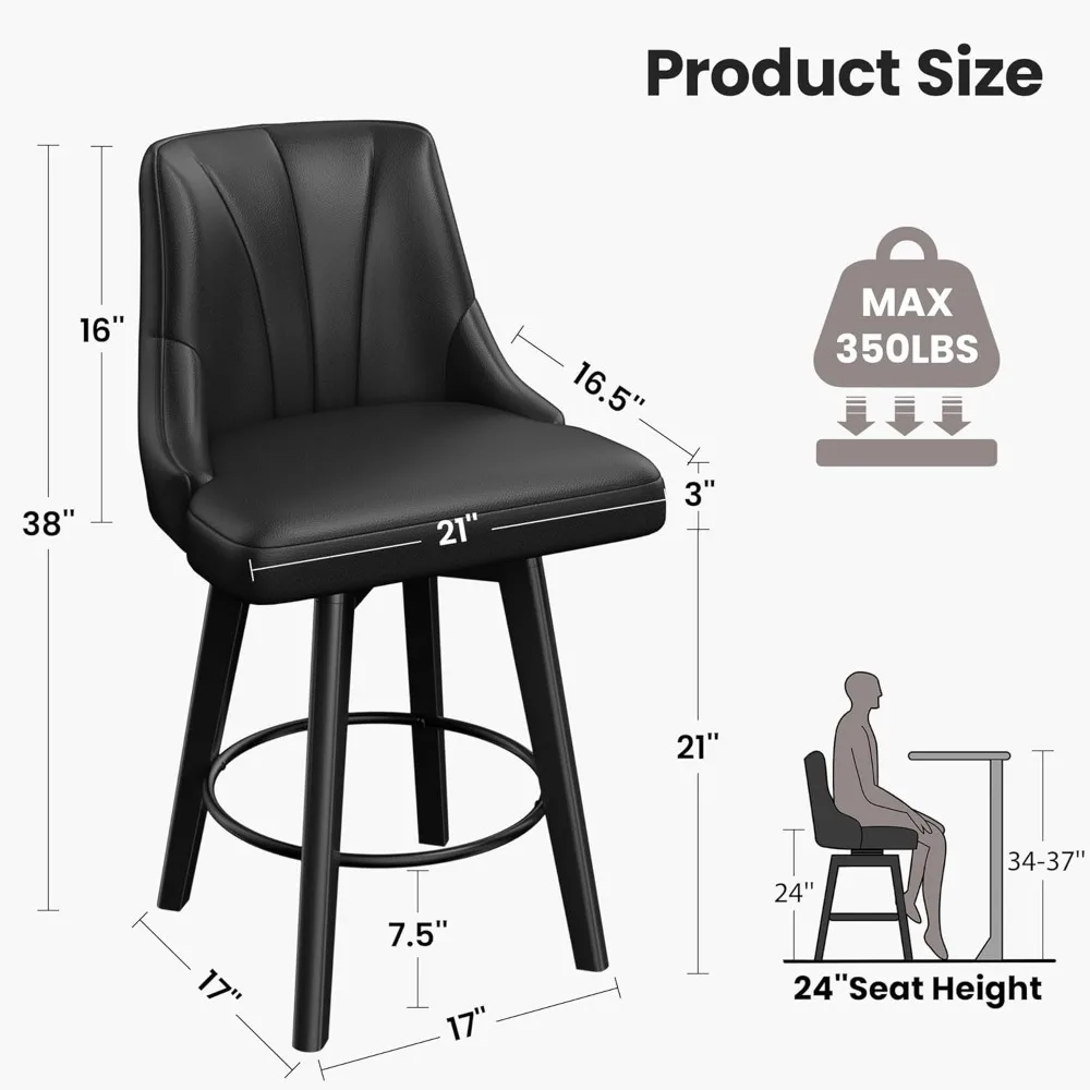 24 High Swivel Bar Stools with Upholstered PU Leather, Comfortable Kitchen Counter Height Chairs with Backrest and Solid Wood Le