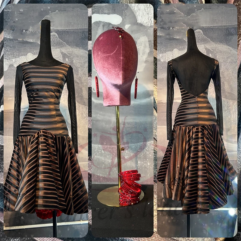 

Костюм для латинских танцев для женщин, взрослых и детей, высококачественное платье для выступлений в золотую полоску для ча-ча-танго по индивидуальному заказу