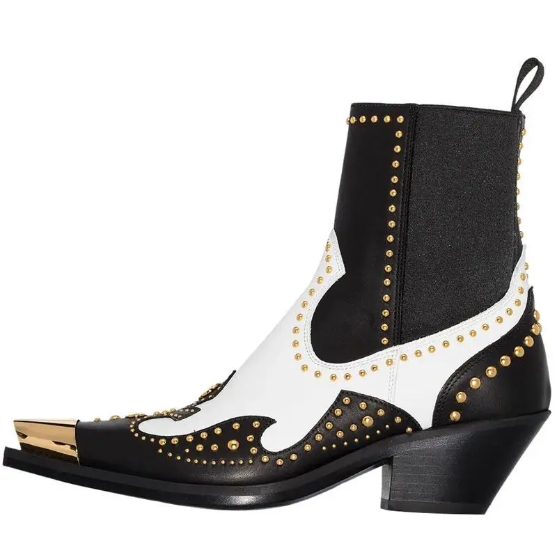 Black White Patchwork Gold Rivets Metal Studs Square Toe Punk Boots Chunky Heel Cow Leather Vintage Rock Style Booties