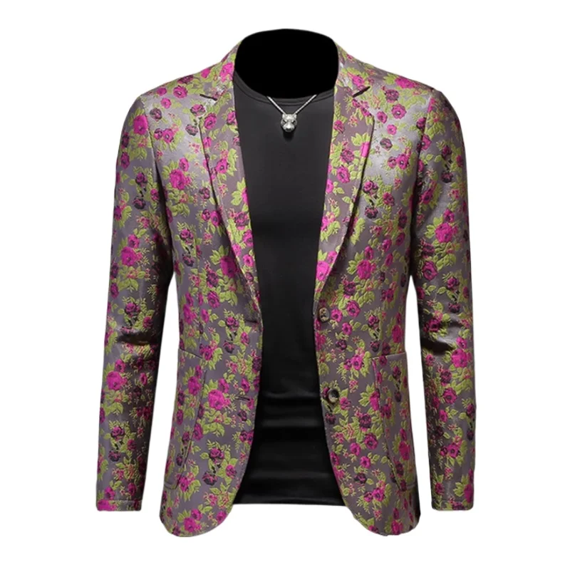 

2026 New Men's Purple Floral Jacquard Blazer Slim Fit Shiny Rose Pattern Suit Jacket for Wedding Party Prom Formal Occasion