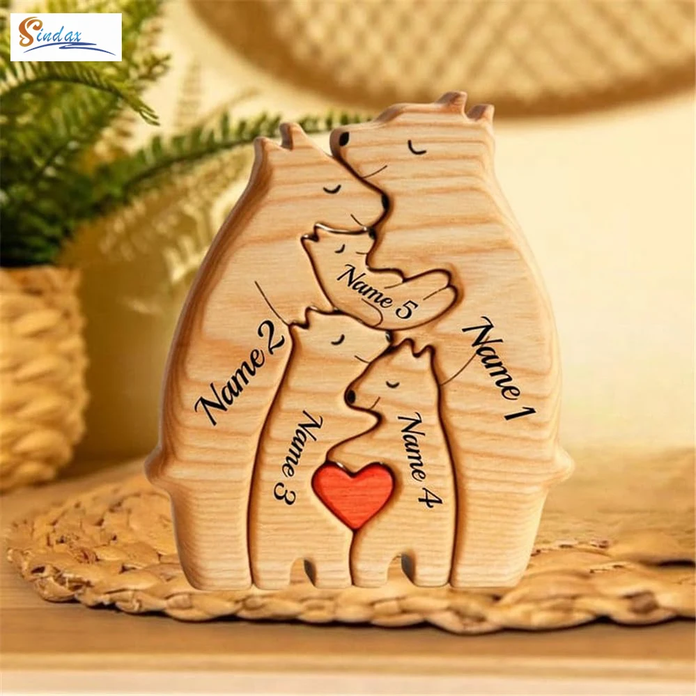 Personalized Custom Bear Family Wooden Puzzle DIY Free Engraving Name Sculpture Home DeskDecor Figurines Christmas Birthday Gift