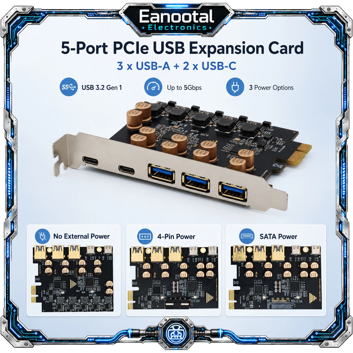 5 Port PCIe USB Expansion Card 3 USB-A 2 USB-C USB 3.2 Gen 1 5Gbps SATA 4-Pin No Power Options
