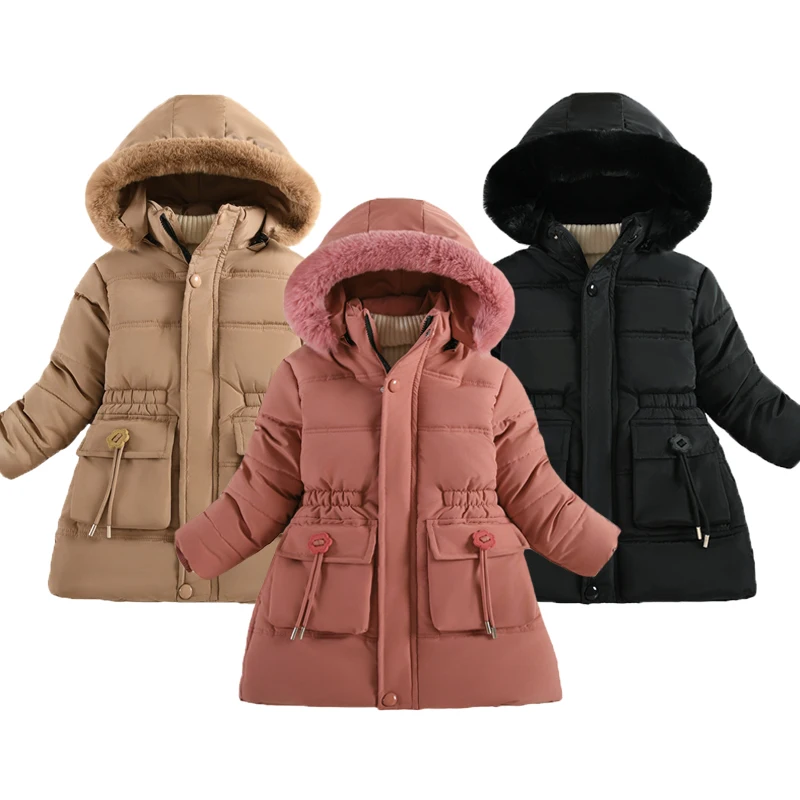 

Куртка для девочек-подростков от 6 до 12 лет, зима, новинка 2025 года, длинная однотонная бархатная толстая теплая меховая куртка с воротником для девочек, верхняя одежда на пуху с капюшоном