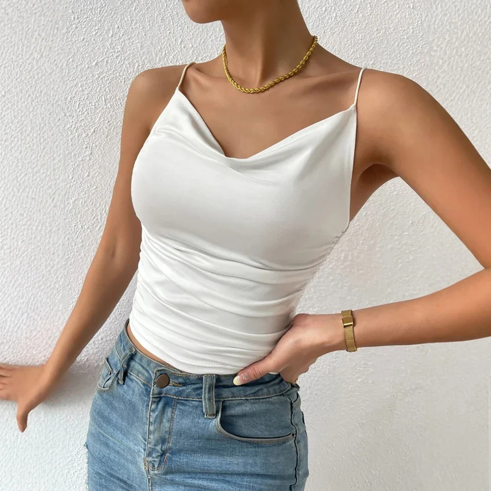 CPSYMYM Canottiere Primavera Estate Elegante semplice arricciatura senza maniche con scollo a V Canotte casual in tinta unita per le donne