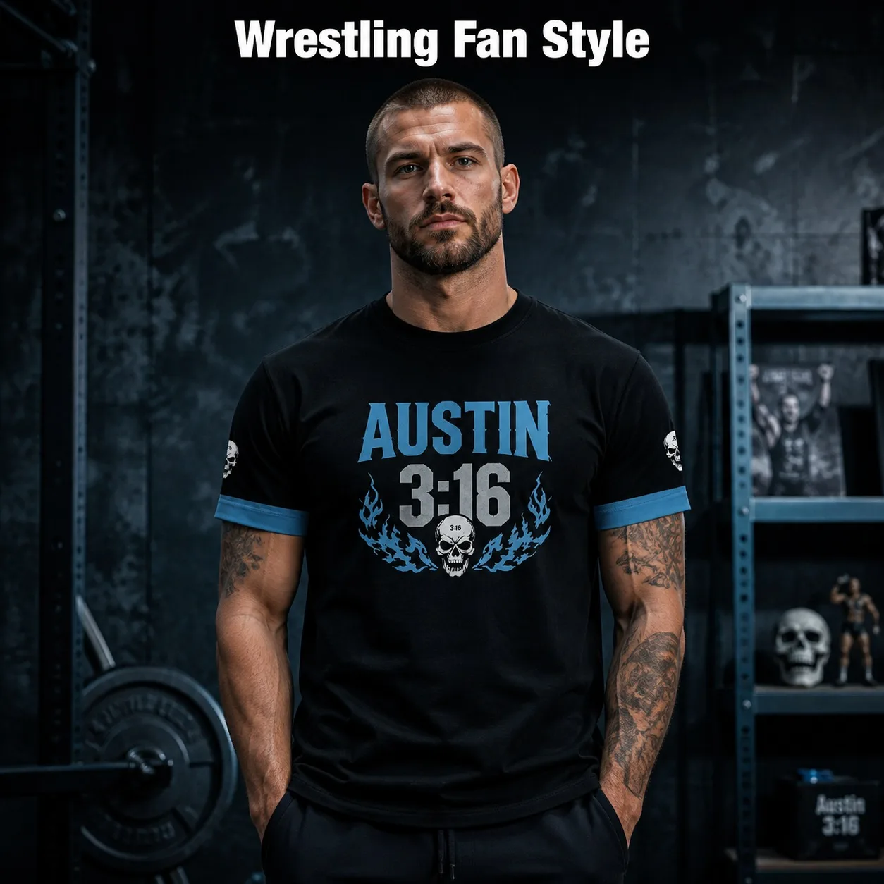 Austin Men's 316 Wrestling Stone Cold Skull Flame Black Blue Ring Double Sided Printed Casual Street T-shirt