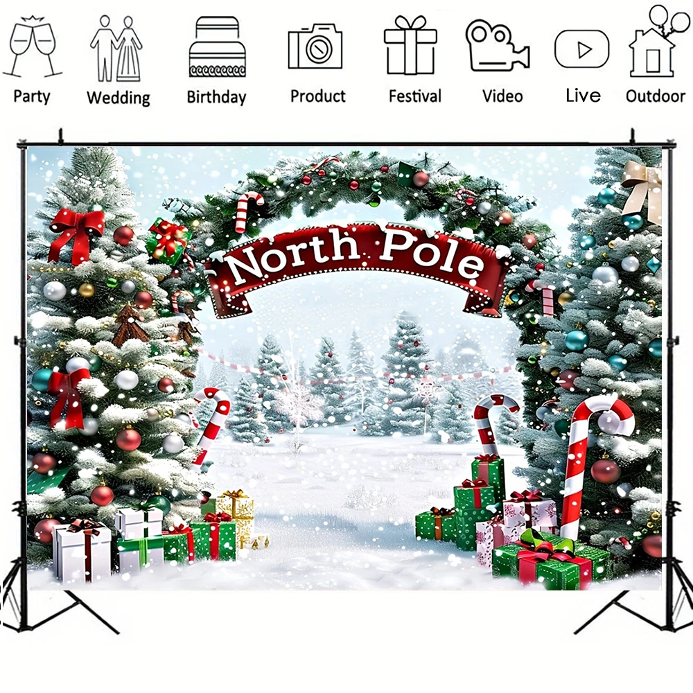 North Pole Christmas Backdrop Xmas Tree Snow Scene Photography Background Props Family Xmas Eve Party Decors New Year Banner